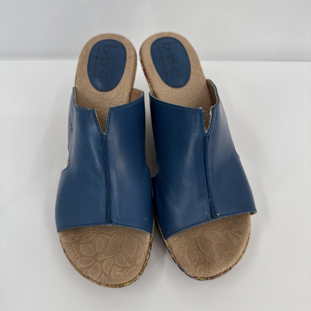 Born Casaba C34104 Blue Leather Floral Slip Womens Cork Wedge - Size 8M - Picture 3 of 11